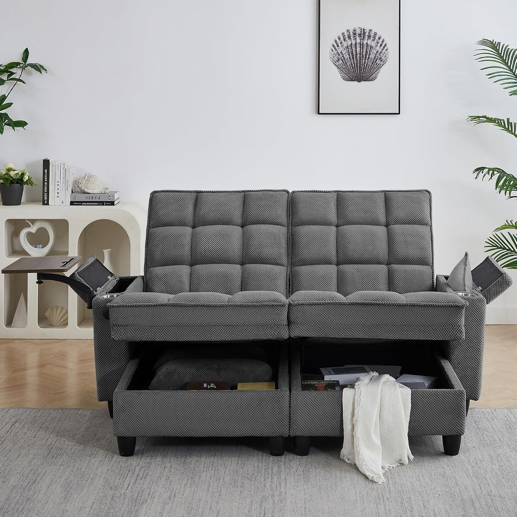 Eafurn Double Chaise Lounge Convertible Sleeper Chair Sofabed W/Storage and 6-Position Reclining Backrest, Modern Tufted Recliner Lounge Chaise Couch with Swivel Table & USB for Living Room