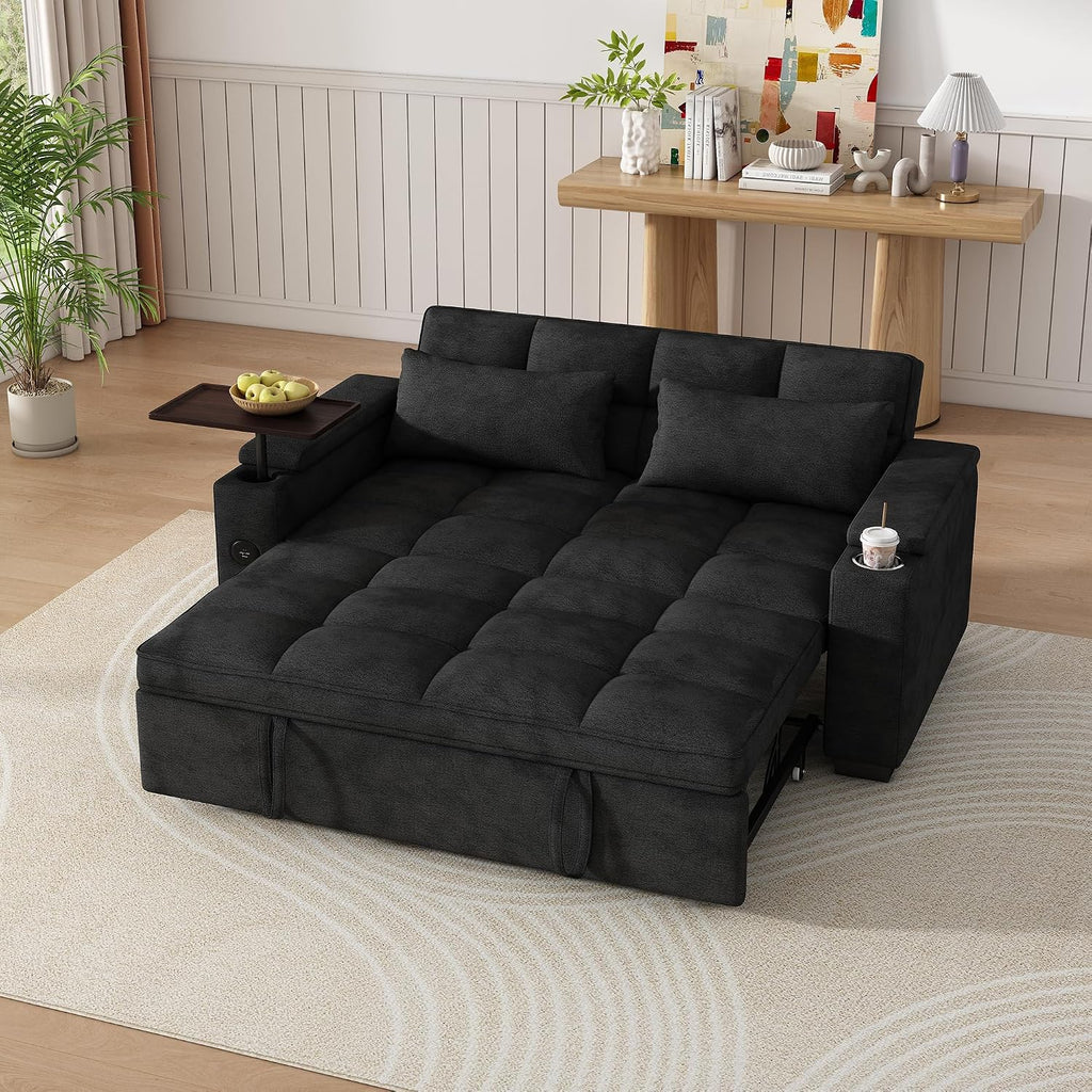 KEIKI 65' Sleeper Sofa Bed, 3-in-1 Pull Out Couch with Adjustable Backrest, 90° Rotating Side Table, USB & Type-C Charging Ports, Hidden Storage Armrests, Space Saving Sofa for Apartment Guests
