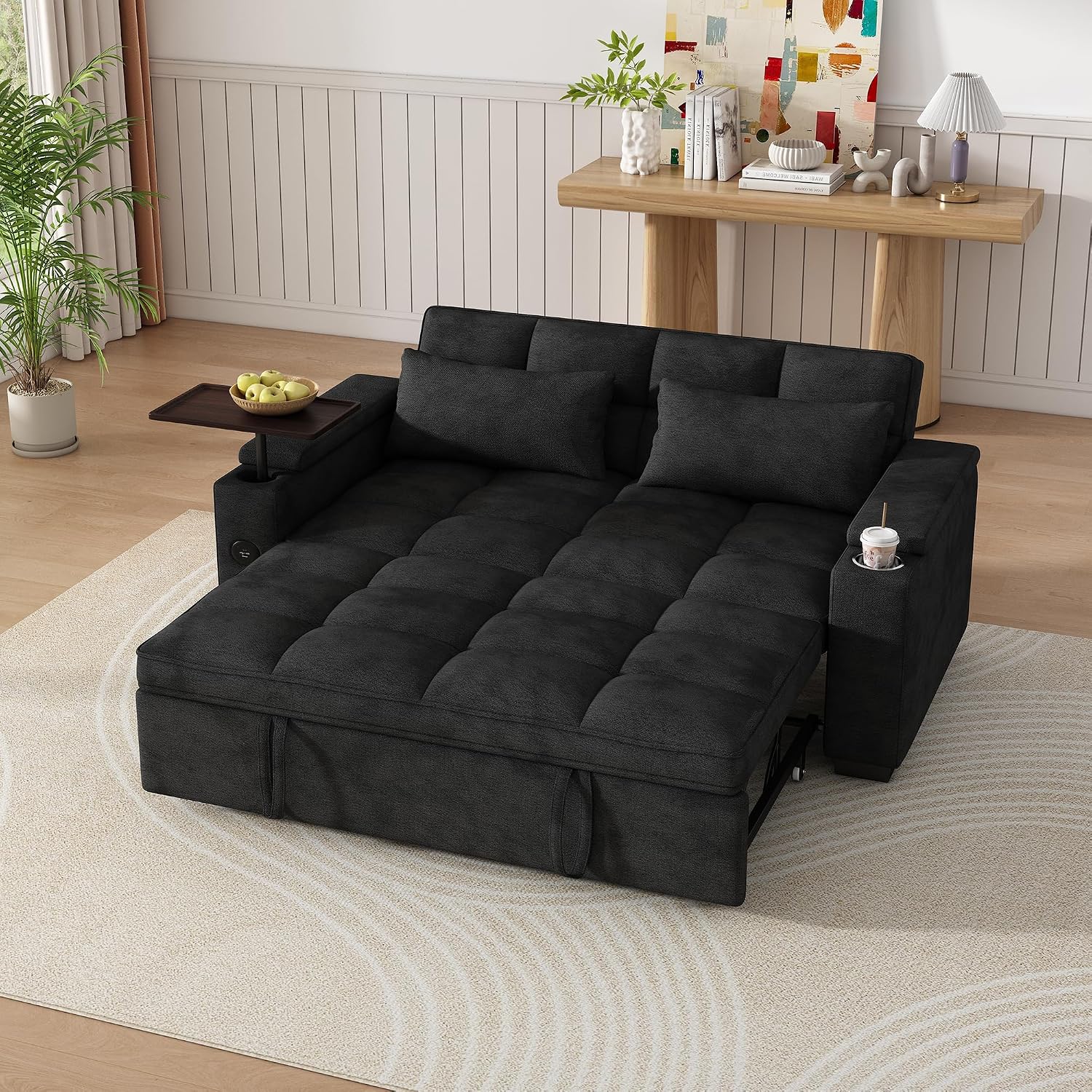 KEIKI 65' Sleeper Sofa Bed, 3-in-1 Pull Out Couch with Adjustable Backrest, 90° Rotating Side Table, USB & Type-C Charging Ports, Hidden Storage Armrests, Space Saving Sofa for Apartment Guests