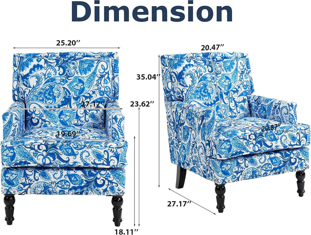 Accent Chair, Modern Comfy Mid-Century Anthropologie Accent Chairs, Linen Upholstered Wingback Lounge Arm Chair with Solid Wood,Single Floral Pattern Chair for Living Room/Balcony/Bedroom