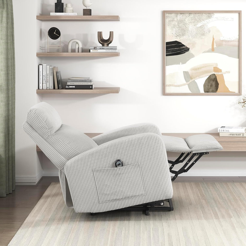 Lexicon Power Lift Recliner Chair for Elderly with Remote Control, Gentle Lift Motion, Side Pocket Armrest, Corduroy Upholstered Electric Recliner for Living Room/Bedroom, Easy Assembly, Light Gray