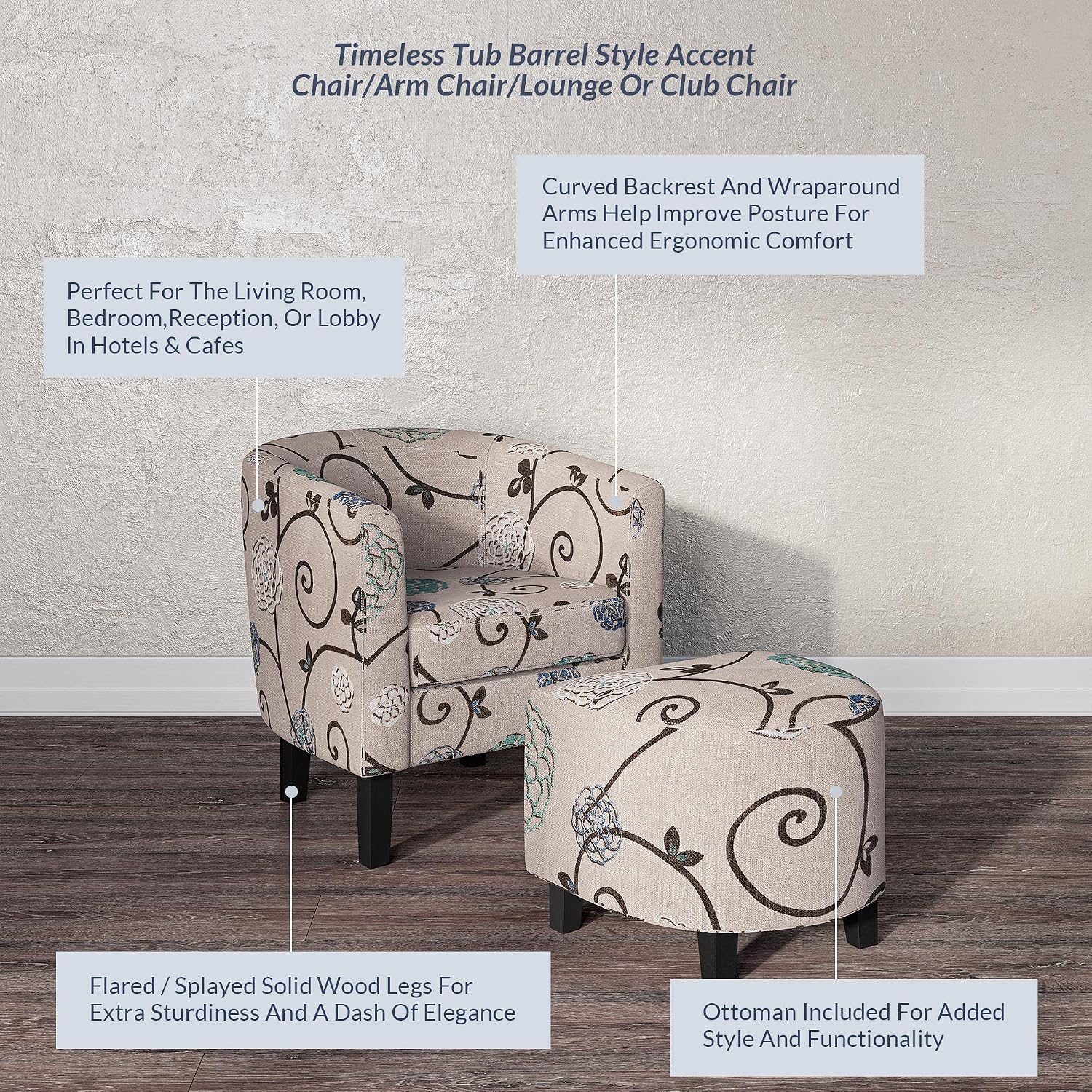 BELLEZE Accent Ottoman Set, Modern Upholstered Curved Back Chair, Barrel Round Tub Reading Chair and Footrest for Living Room Bedroom - Floral Beige/Linen