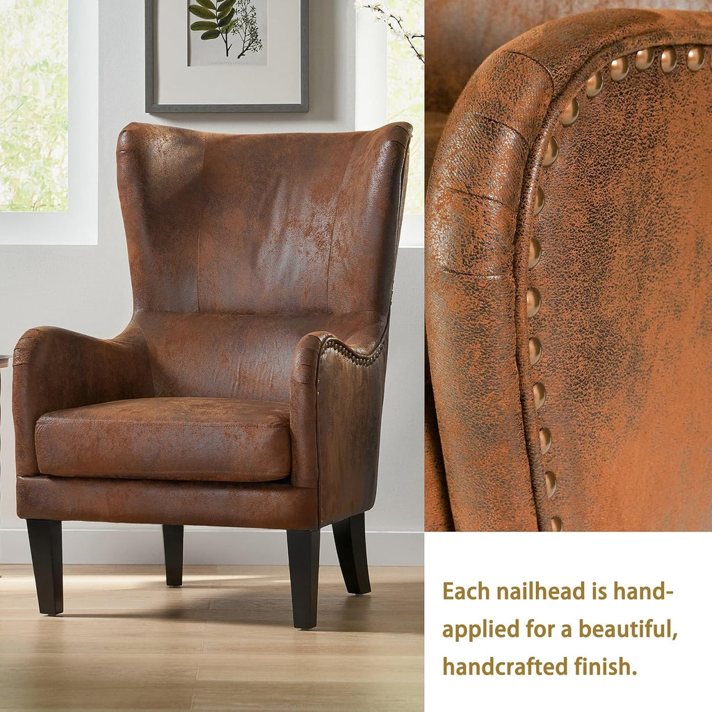 Mid-Century Modern Accent Chairs, 27' Wide Wingback Club Chair with Nailhead Trim, Fabric Reading Living Room Side Chair, Faux Leather Armchair Sofa