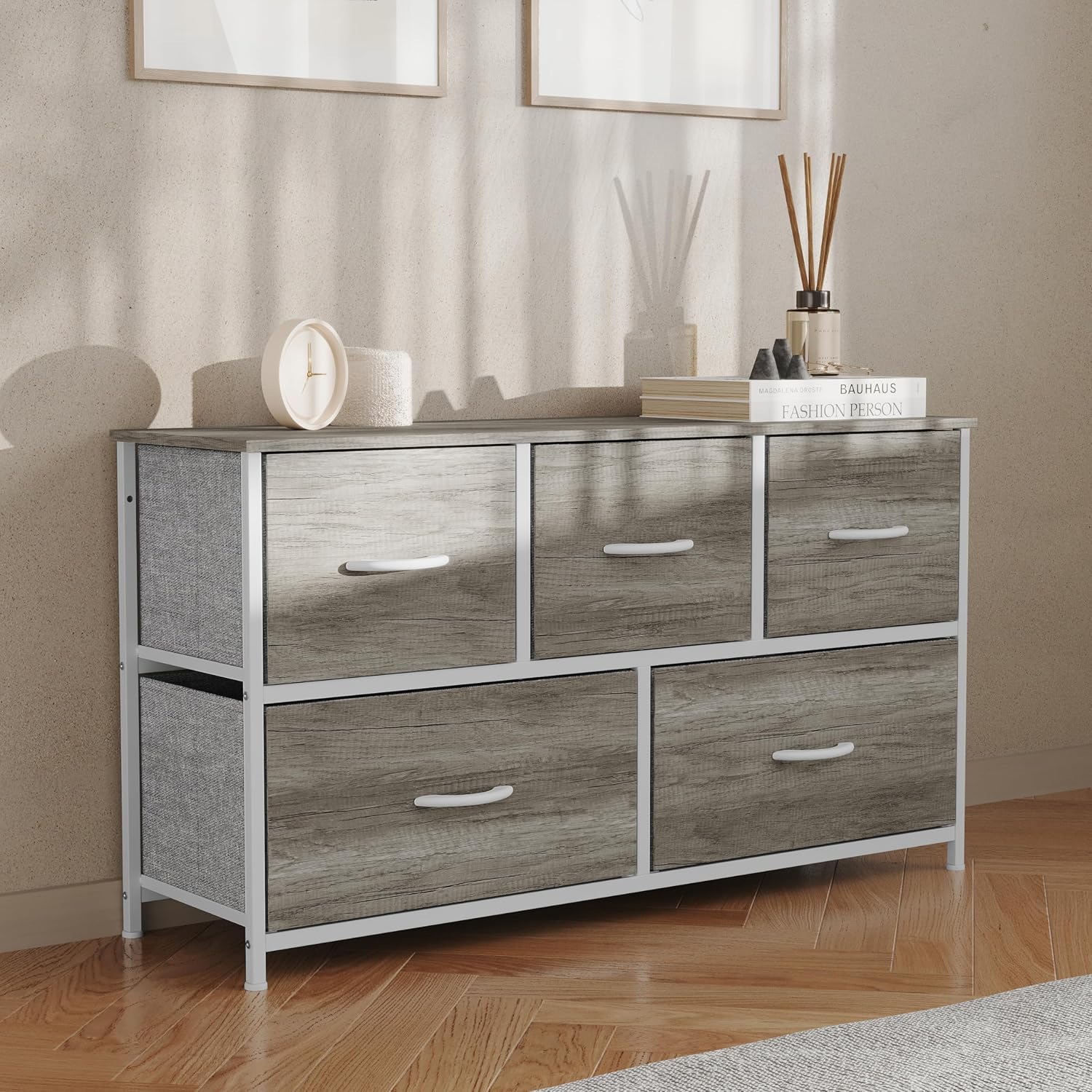 Flash Furniture Harris 5 Drawer Storage Dresser, Cast Iron Frame, Engineered Wood Top and Easy Pull Non-Woven Fabric Drawers with Wooden Handles, White/Light Natural