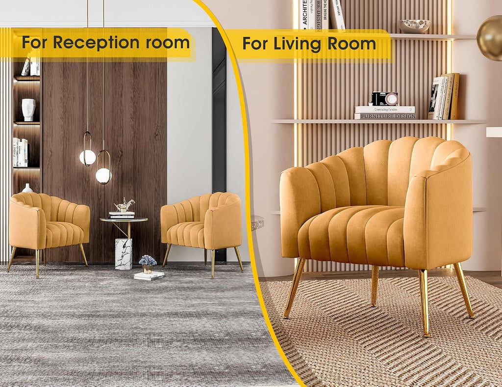 Dewhut Oversized Pumpkin Couch Accent Chair, Modern Comfy Velvet Upholstered Barrel Chairs, Luxury Single Sofa Armchair for Living Room, Waiting Room, Office and Vanity, (Mustard)