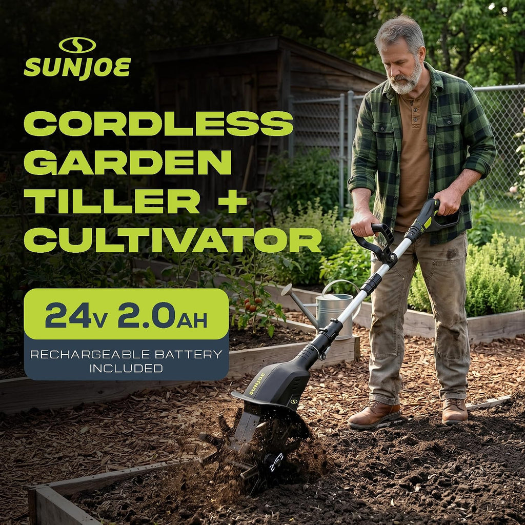 Sun Joe 24V-TLR-LTE 24-Volt Amp Cordless Garden Tiller + Cultivator, Kit (w/2.0-Ah Battery + Quick Charger)
