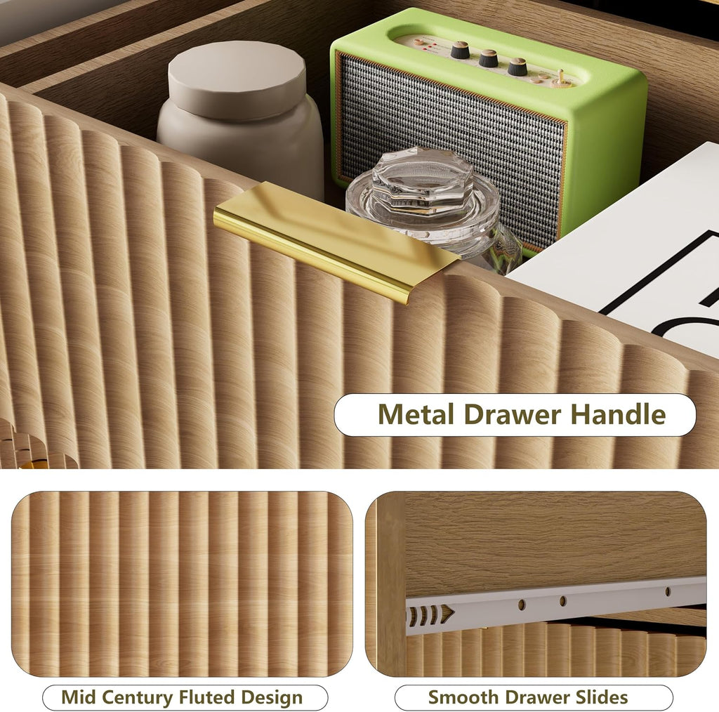 Fluted Dresser for Bedroom, 8 Drawer Dressers & Chest of Drawers, Mid Century Modern Dresser for Closet Boho Bedroom Furniture, Nature Wood Chest of Drawers Storage Organizer for Living Room, White