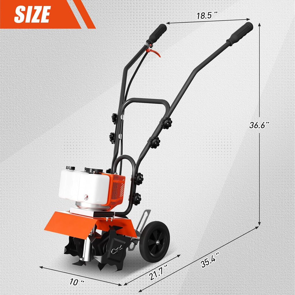 62cc Gas Tiller Cultivator, 10-Inch 2-Cycle Gas Powered Garden Tiller for Heavy Duty Soil, Self-Propelled Lawn Tiller with 4 Steel Tines & Adjustable Handle, Easy Pull Start for Clay/Dirt