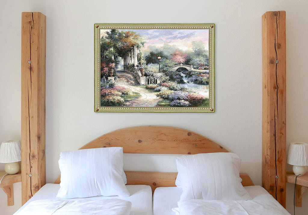 Classic Garden Retreat by James Lee | Woven Tapestry Wall Art Hanging | Scenic Flower Garden on Shimmering River Landscape | 100% Cotton USA Size 53x42