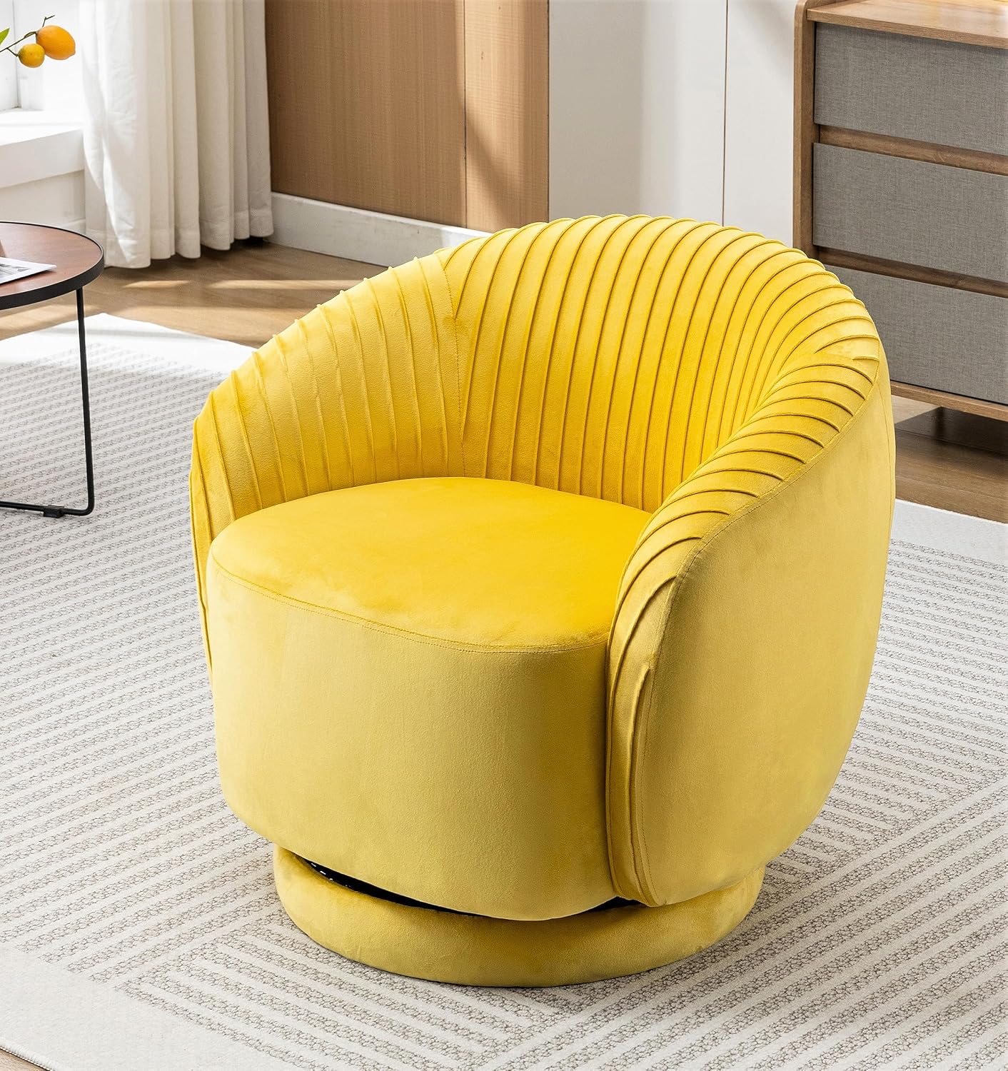Container Furniture Direct Modern Barrel Swivel Chair with Plush Velvet Upholstery and Smooth 360° Rotation, Round Accent One-Seater Sofa for Living Room, Bedroom, and Office, Yellow