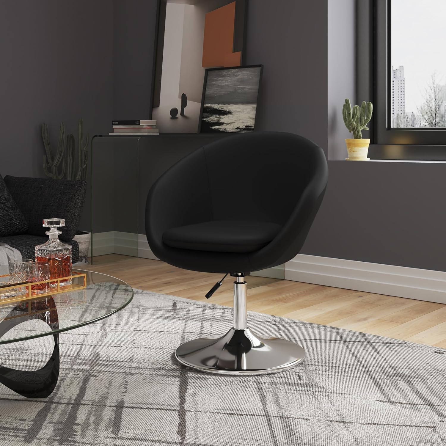 Manhattan Comfort Hopper Adjustable Swivel Accent Chair with 360° Turn, Upholstered Seat, Polished Chrome Base, Modern Bowl Design for Home Office and Living Room, Black