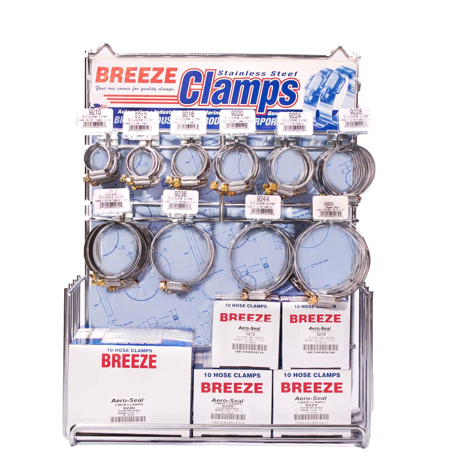 Breeze - 9150 ASSORTMENT HD Hose Clamp Display Assortment, Liner Assortment, 1 Assortment Contains: 150 Assorted Liner Clamps, one 6100 Empty Rack HD