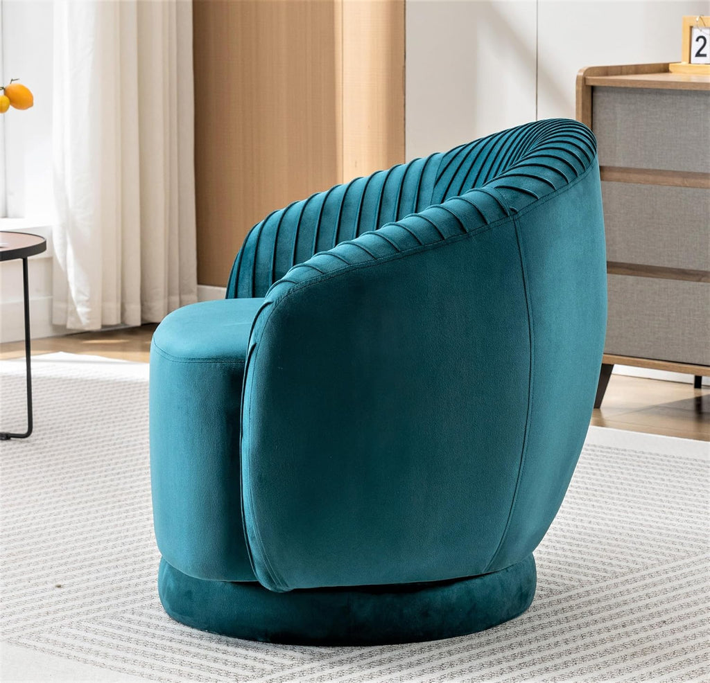 Container Furniture Direct Modern Barrel Swivel Chair with Plush Velvet Upholstery and Smooth 360° Rotation, Round Accent One-Seater Sofa for Living Room, Bedroom, and Office, Greenish Blue