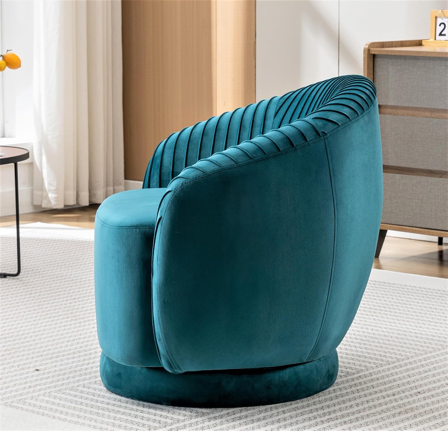 Container Furniture Direct Modern Barrel Swivel Chair with Plush Velvet Upholstery and Smooth 360° Rotation, Round Accent One-Seater Sofa for Living Room, Bedroom, and Office, Greenish Blue
