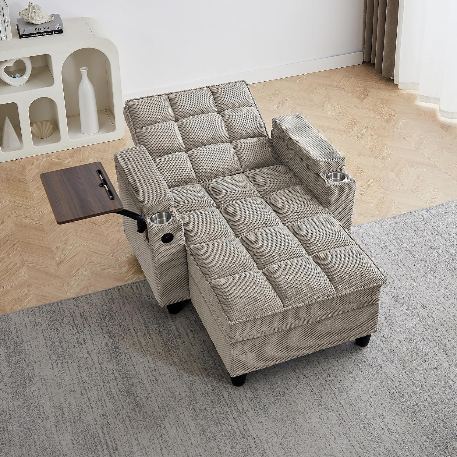 Eafurn Convertible Chaise Lounge Sleeper Chair with Storage and 6-Position Reclining Backrest,Modern Tufted Recliner Lounge Chaise Chair with Swivel Tray Table & USB Port for Living Room