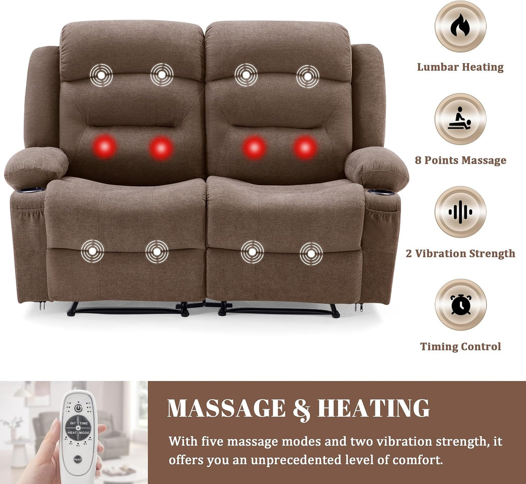 Weture Oversized Recliner Loveseat with Heat and Massage, Wall-Hugger Reclining Sofa with Cup Holders and USB Port, Big Large 2-Seater Double RV Recliner Loveseat for Living Room (Fabric, Brown)