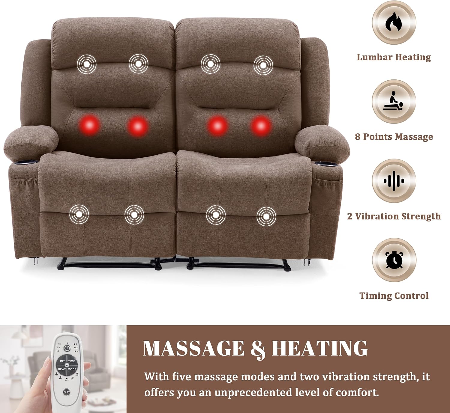 Weture Oversized Recliner Loveseat with Heat and Massage, Wall-Hugger Reclining Sofa with Cup Holders and USB Port, Big Large 2-Seater Double RV Recliner Loveseat for Living Room (Fabric, Brown)