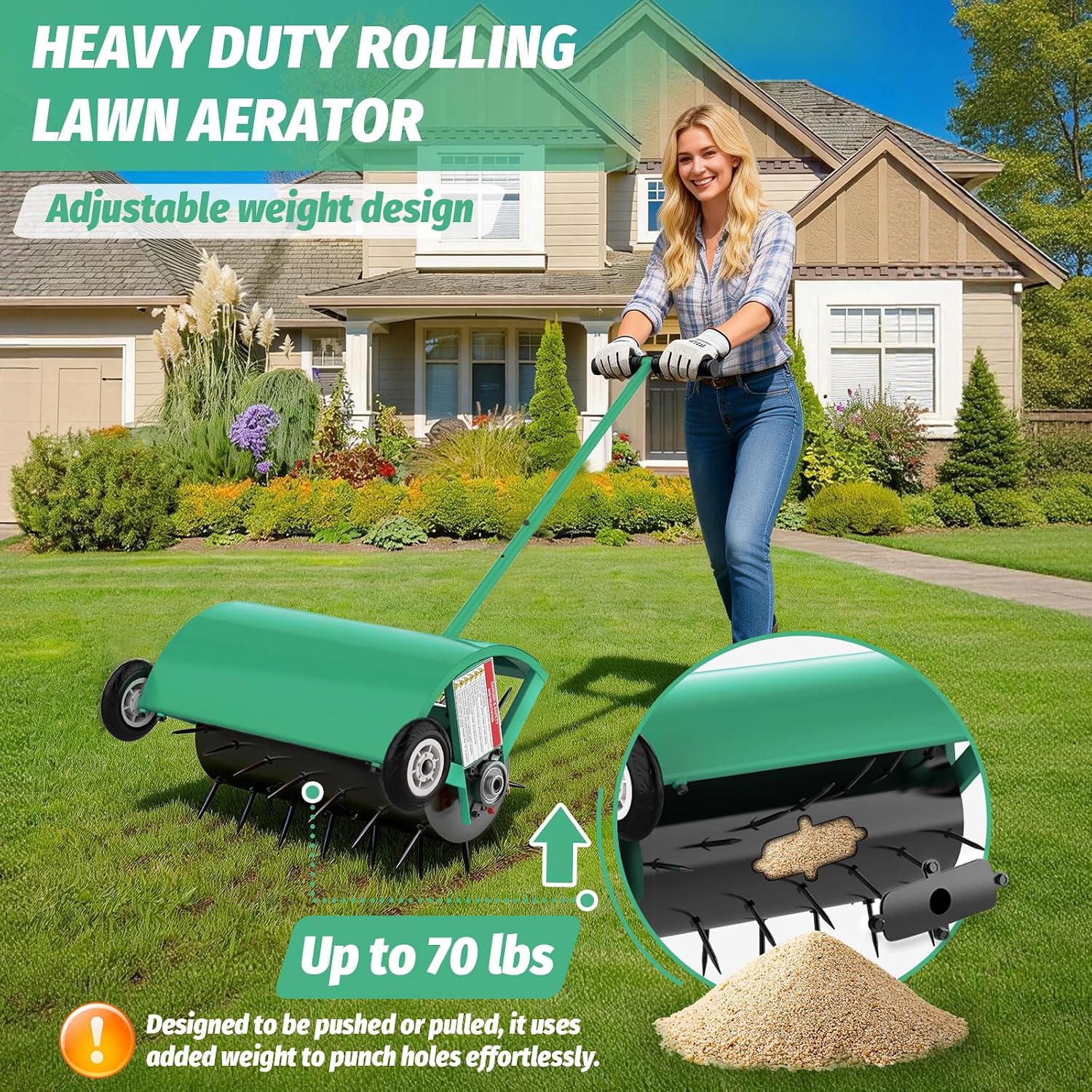24 Inch Rolling Lawn Aerator, Heavy Duty Manual Aerator Tool, Up to 70 lbs, Push Spike Aeration Tool with 42 Spikes, Suitable for Lawns, Garden, and Yard Grass Aeration [Green]