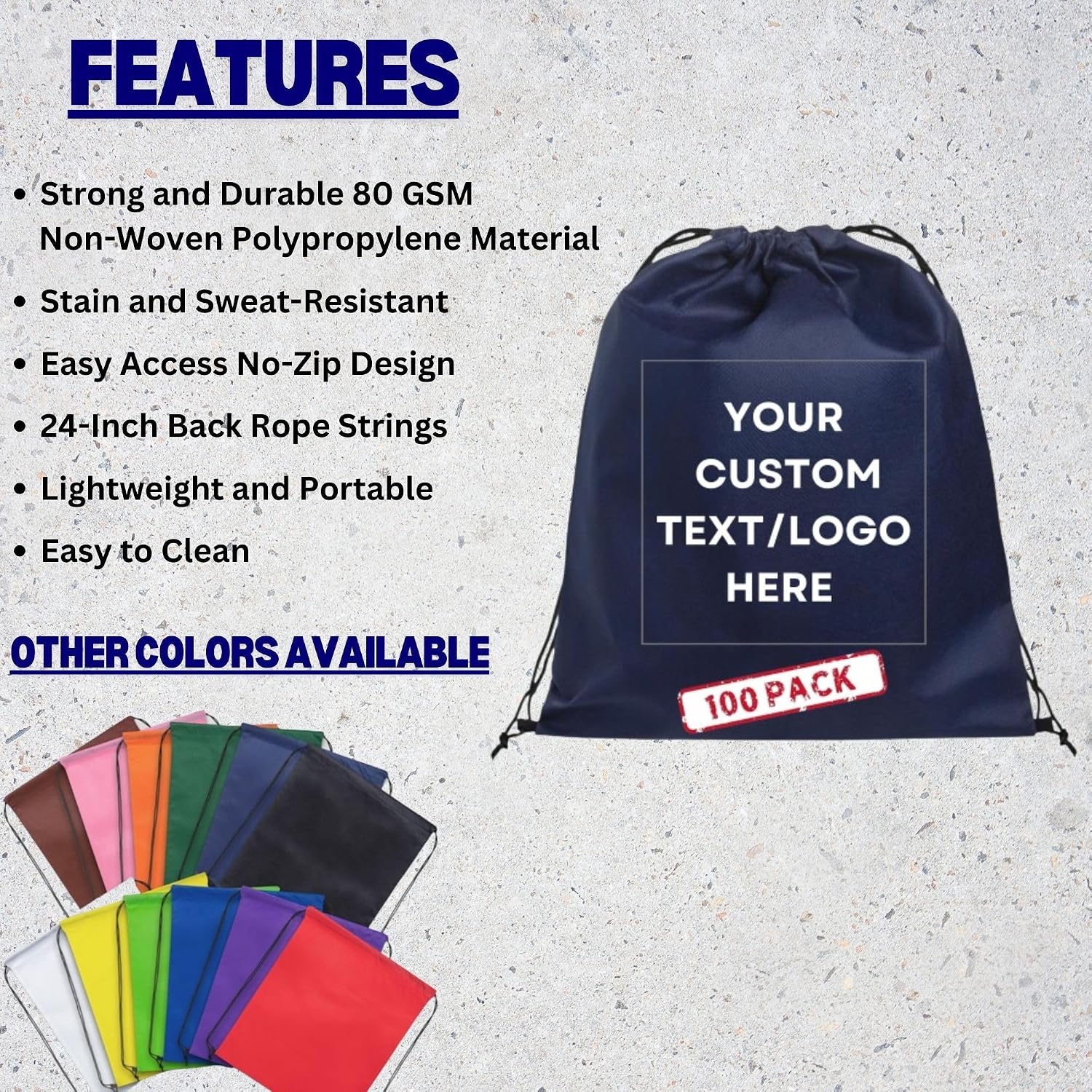 HANDSY Non-Woven Custom Drawstring Bags - Personalized Drawstring Backpack- Custom Bags with Logo for Traveling,Gym and Everyday Use (100, Dark Blue)