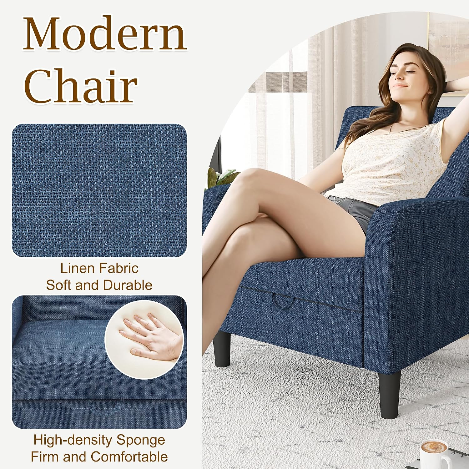 DAGONHIL Living Room Chair, Accent Chair Upholstered Reading Chair for Bedroom, Linen Fabric Armchair, Single Sofa for Living Room/Office/Library (Blue, 2 Pack)