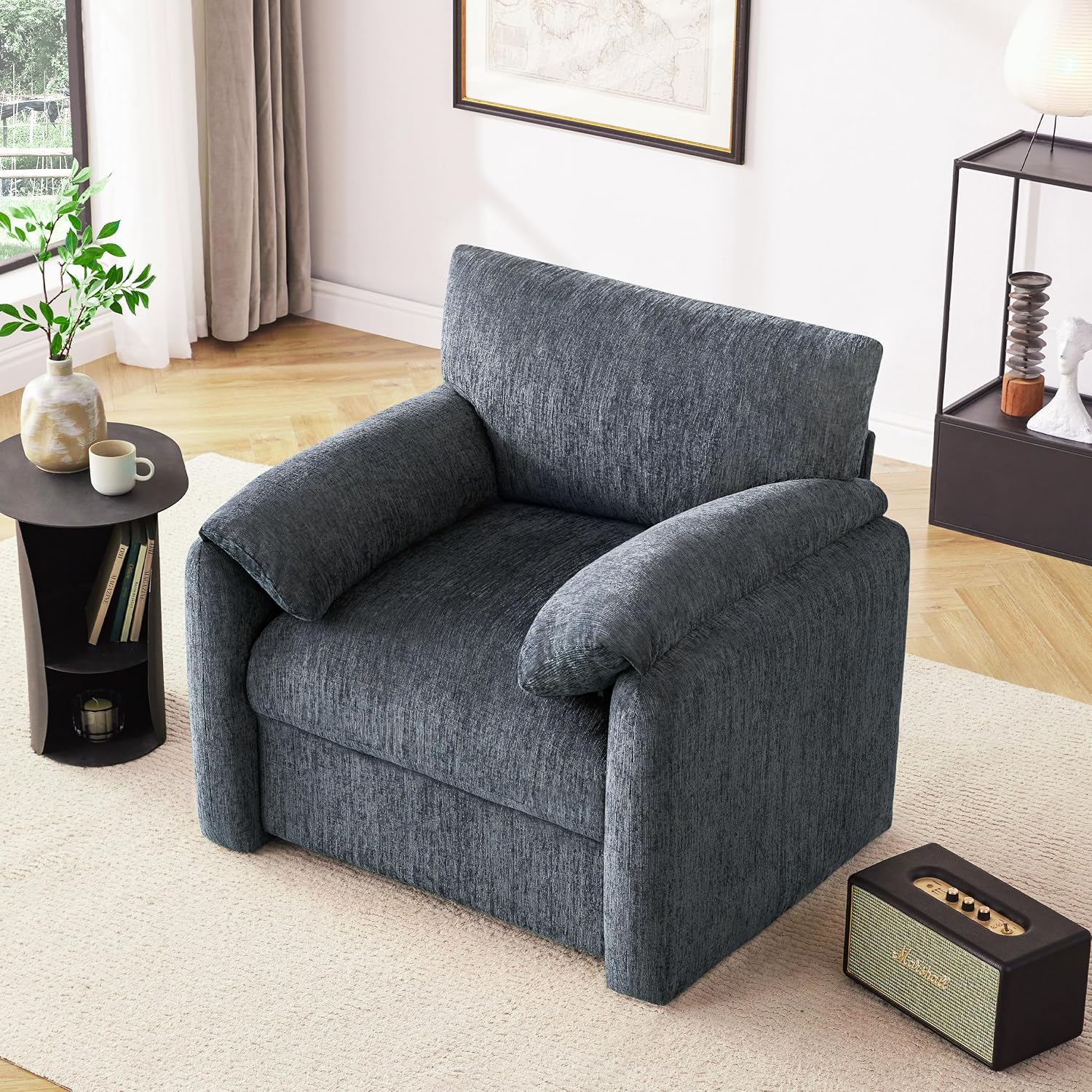 Howjoe Chenille Oversized Armchair, 38.6' Wide Accent Chairs for Living Room & Bedroom Modern Lounge Chair, Upholstered Mid-Century Reading Chair, Comfy Living Room Chair, Single Sofa Chair, Blue