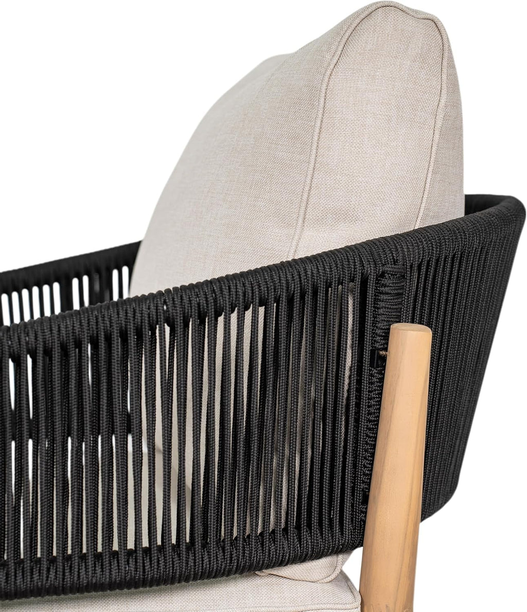 Christopher Knight Home Naomi Set of 2 Patio Acacia Wood Club Chair with Cushions, Handwoven Rope Lounge Chair Outdoor for Porch/Backyard, Stylish Garden Seating with Curved Backrest, Beige + Black