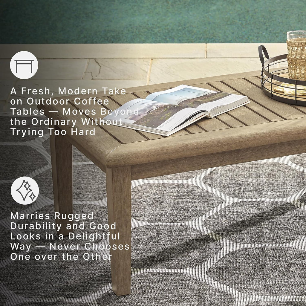 Signature Design by Ashley Gerianne Outdoor Coffee Table, Eucalyptus Wood With 5‑Step Protective Finish & Slatted Top for Rain Shedding, Durable for Outside Patio Use, Brown