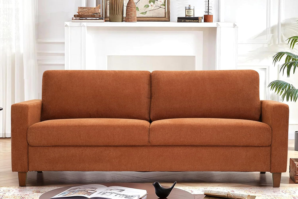 Container Furniture Direct Miles Mid Century Modern Couch for Small Spaces, Living Rooms, Apartments, and Condos, 3 Seater Sofa with Reversible Back Pillows, 77' Wide, Orange