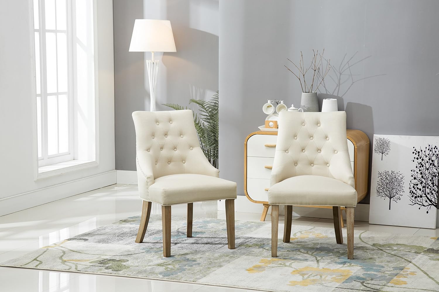 Roundhill Furniture Button Tufted Solid Wood Wingback Hostess Chairs with Nail Heads, Set of 2, Tan, White, 'Tan, 24D x 22W x 39H in