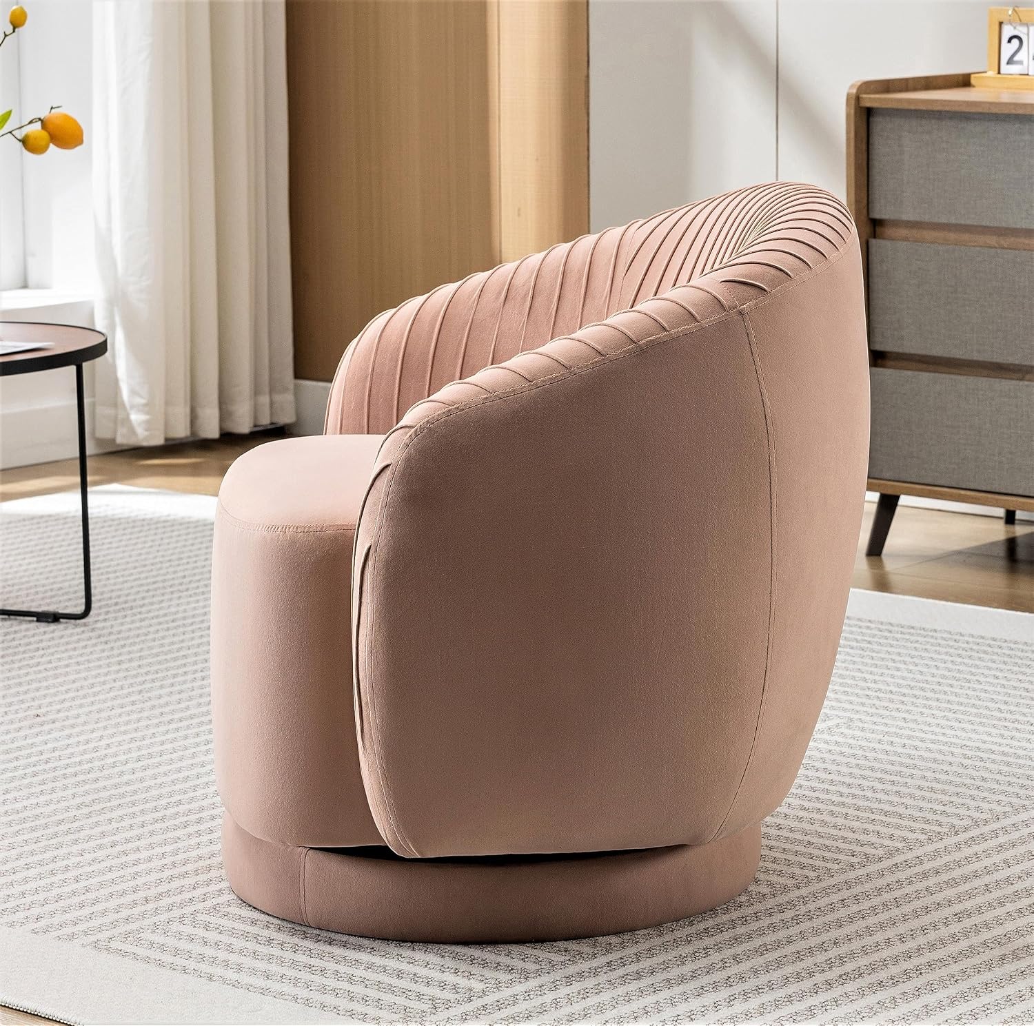 Container Furniture Direct Modern Barrel Swivel Chair with Plush Velvet Upholstery and Smooth 360° Rotation, Round Accent One-Seater Sofa for Living Room, Bedroom, and Office, Pink