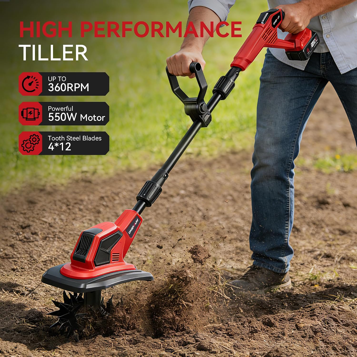 Cordless Tiller for Gardening, 360RPM Electric Garden Tiller with 2x4.0Ah Batteries & Charger, 9.5In Tilling Width and 6.7In Depth Garden Rototiller Cultivator for Lawn, Gardening, Soil Cultivation