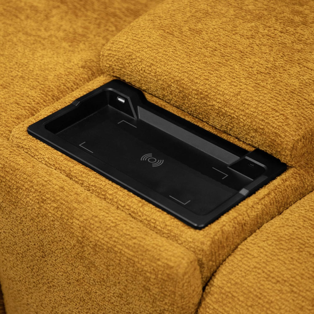 Furniture of America Tavie Modern Reclining Sofa with Storage Console and Cup Holders, Sectional Recliner, L Shaped Couch for Living Room, Home Theater, Playroom, Butterscotch