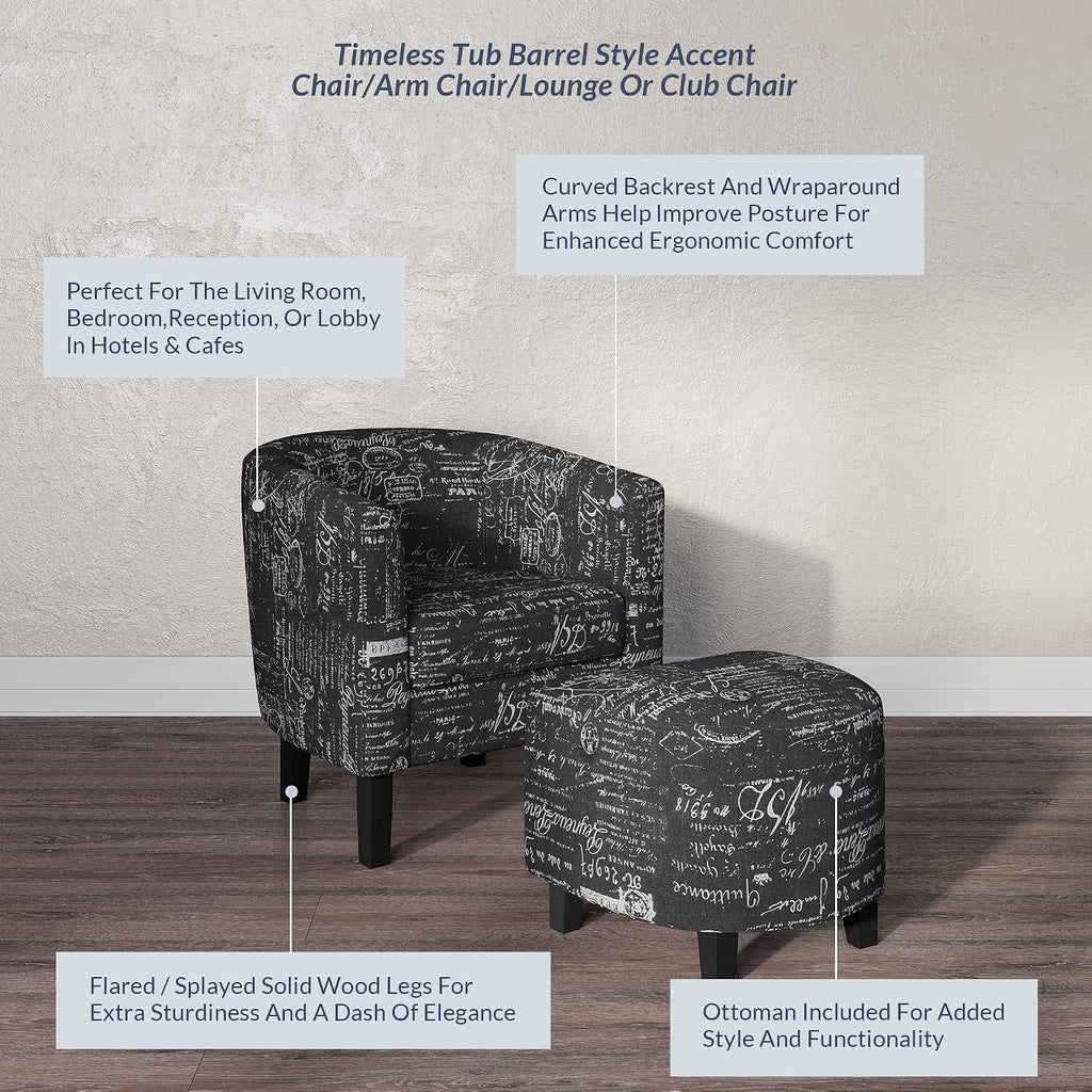 BELLEZE Accent Chair with Ottoman Set, Modern Upholstered Curved Back Barrel Armchair, Round Tub Reading Seating and Footrest for Living Room Bedroom - Black French Pattern/Linen