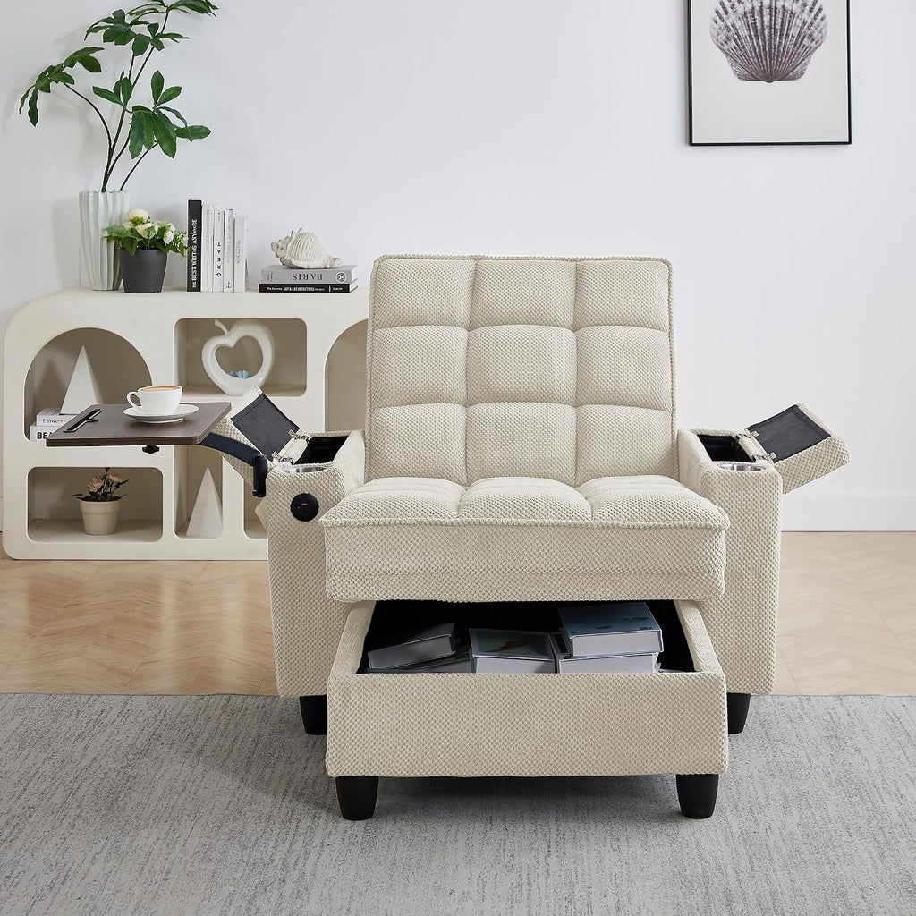 Eafurn 6-Position Adjustable Convertible Chaise Lounge Sleeper Chair with Storage, Modern Recliner Armchair with Swivel Tray Table & USB Port, Multi-Functional Tufted Accent Chair for Small Space