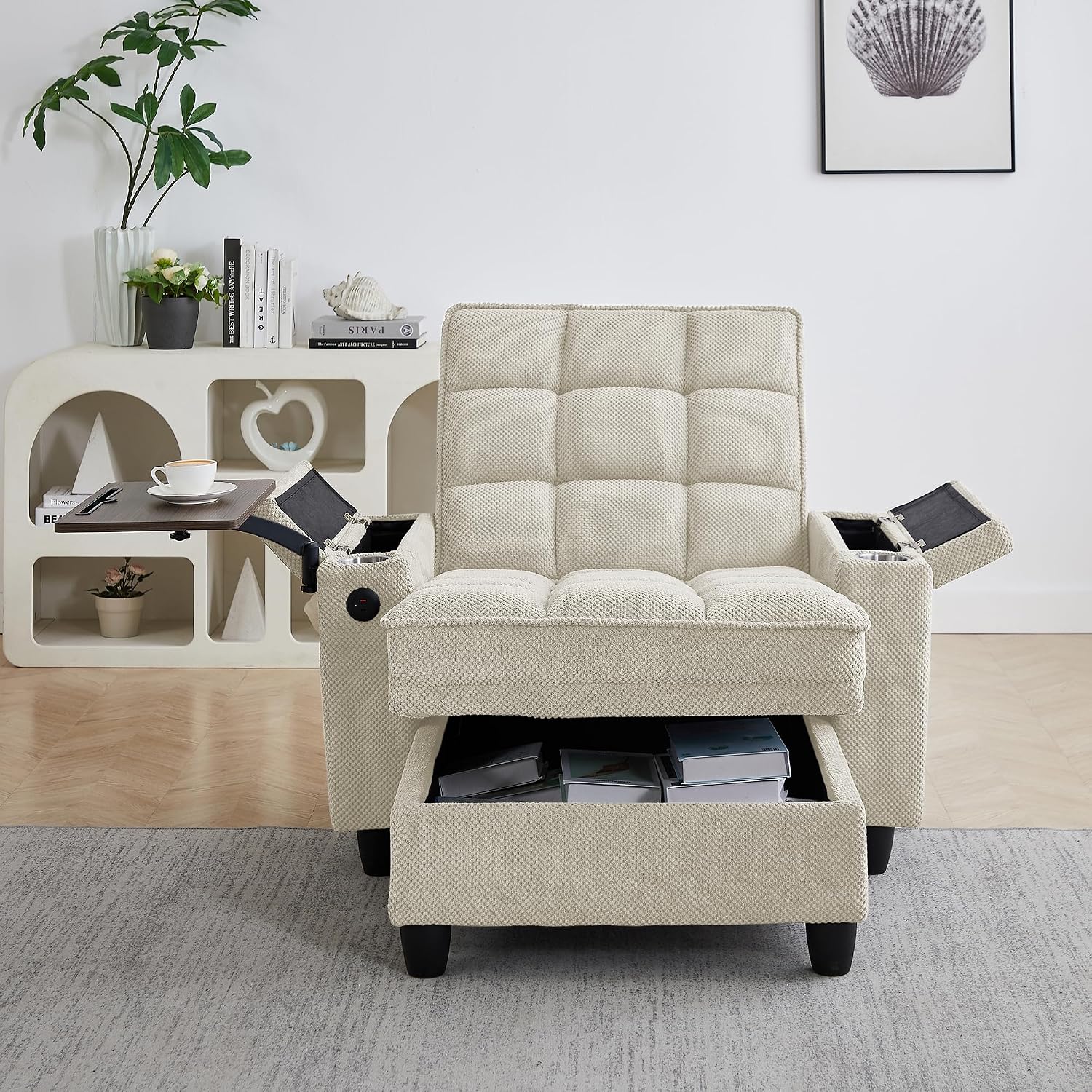 Eafurn 6-Position Adjustable Convertible Chaise Lounge Sleeper Chair with Storage, Modern Recliner Armchair with Swivel Tray Table & USB Port, Multi-Functional Tufted Accent Chair for Small Space