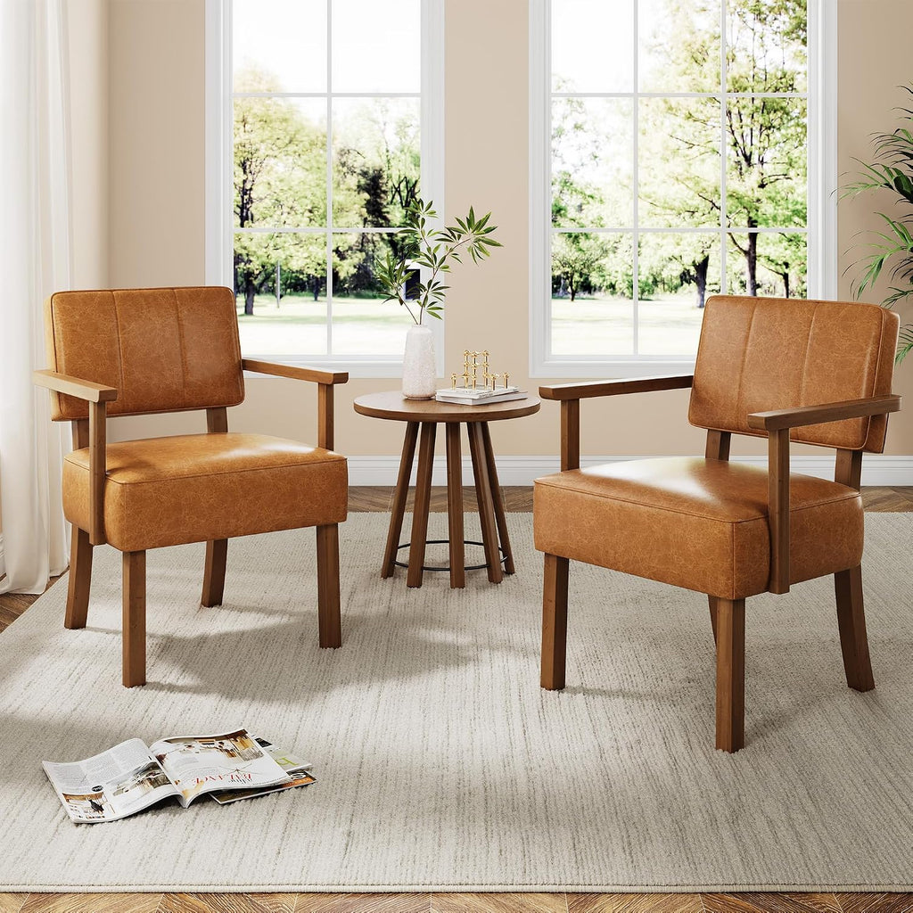 Garvee Accent Chair, Mid-Century Modern Faux Leather Armchair with Wood Frame, Vertical Stripe Upholstered Reading Chair for Living Room, Bedroom or Balcony, Brown