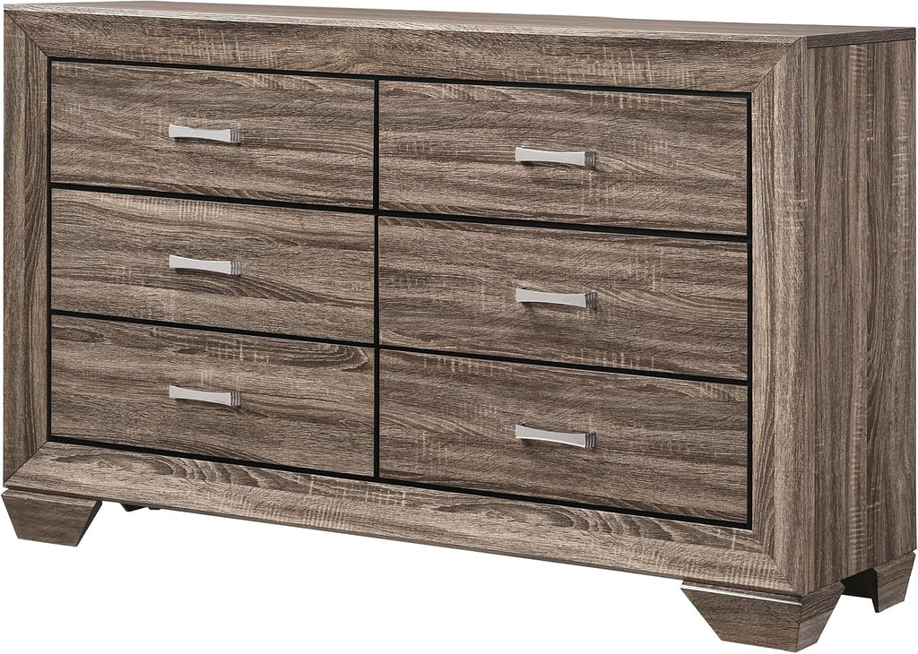 Coaster Home Furnishings - Kauffman - Engineered Wood - 6-Drawer Dresser with Transitional Style, Chrome Bar Pulls, Rectangular Structure, Wood Grain Details - Bedroom - Washed Taupe - 204193