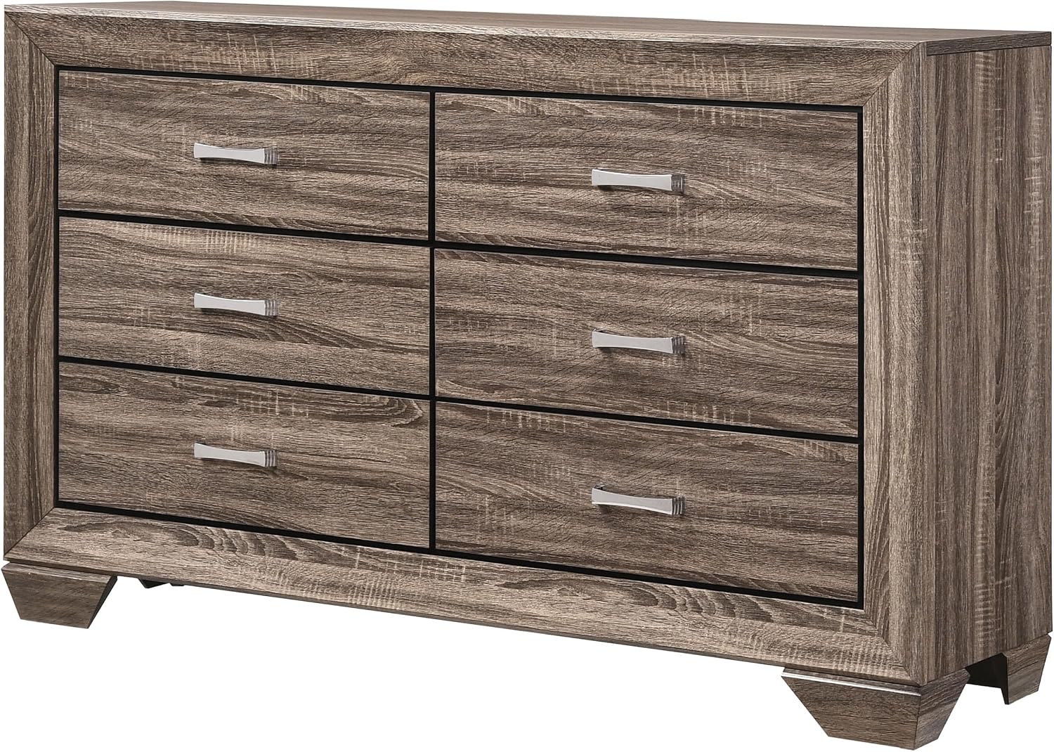 Coaster Home Furnishings - Kauffman - Engineered Wood - 6-Drawer Dresser with Transitional Style, Chrome Bar Pulls, Rectangular Structure, Wood Grain Details - Bedroom - Washed Taupe - 204193