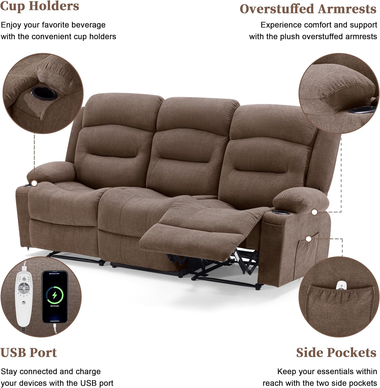 Weture Oversized Recliner Sofa with Heat and Massage, Wall-Hugger Reclining Sofa with Cup Holders and USB Port, Big Large 3-Seater RV Recliner Couch Sofa for Living Room (Fabric, Brown)