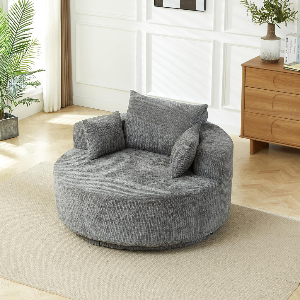 KEIKI 55' Oversized Swivel Accent Chair, Chenille Barrel Chairs Upholstered Round Swivel Chair, Single Sofa Armchair, Sleeper Chair for Living Room, Lounge, Grey