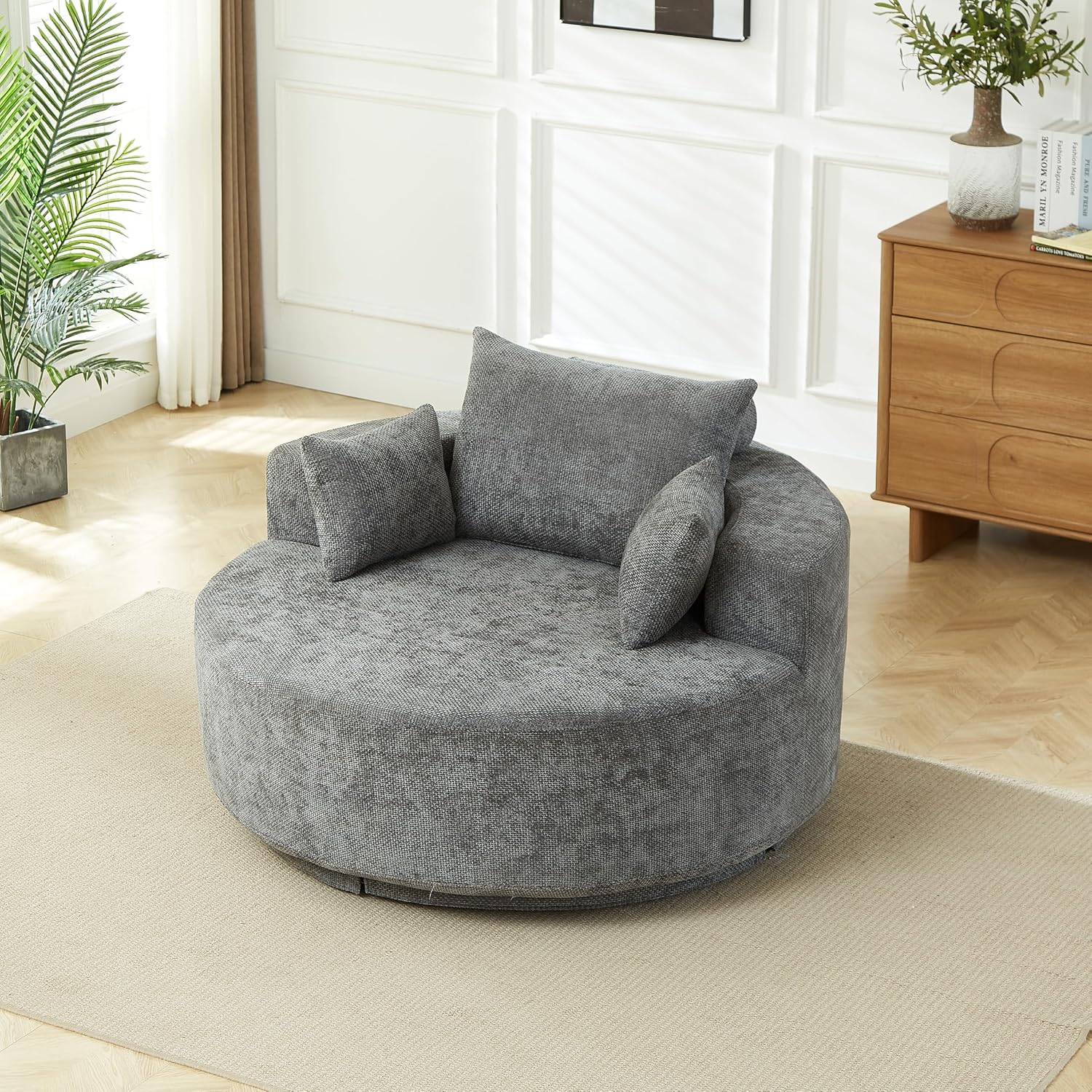 KEIKI 55' Oversized Swivel Accent Chair, Chenille Barrel Chairs Upholstered Round Swivel Chair, Single Sofa Armchair, Sleeper Chair for Living Room, Lounge, Grey