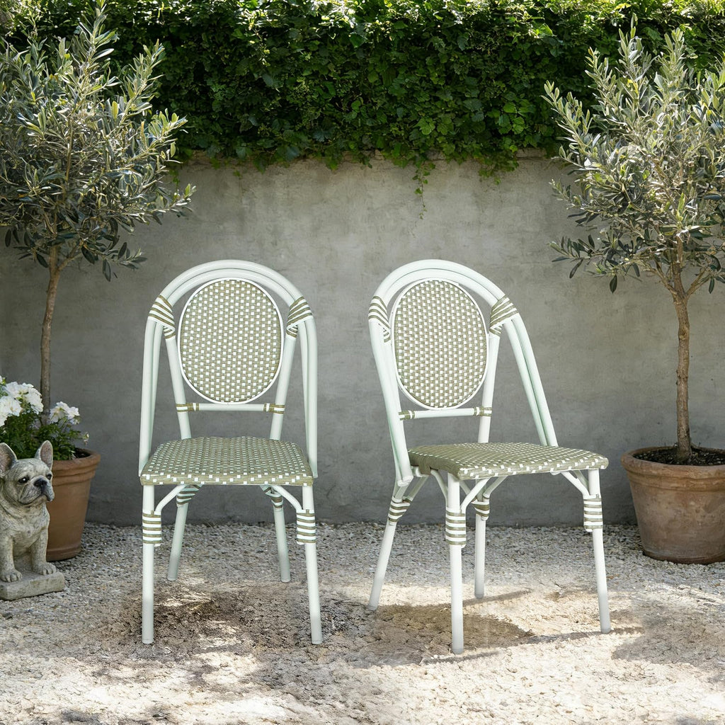 Christopher Knight Home Gammy Outdoor French Bistro Chairs Set of 2, Aluminum Patio Dining Chairs Set of 2, PE Rattan Patio Furniture Armless Accent Chair for Garden/Backyard/Balcony, Green + White