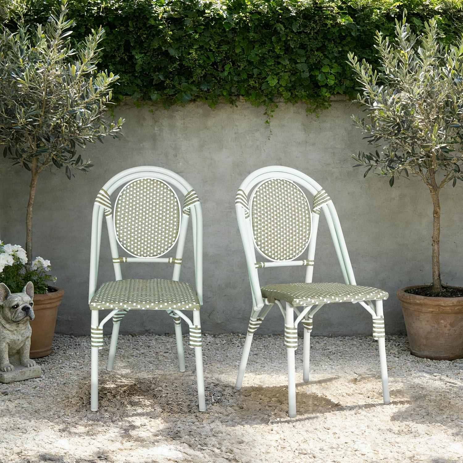 Christopher Knight Home Gammy Outdoor French Bistro Chairs Set of 2, Aluminum Patio Dining Chairs Set of 2, PE Rattan Patio Furniture Armless Accent Chair for Garden/Backyard/Balcony, Green + White