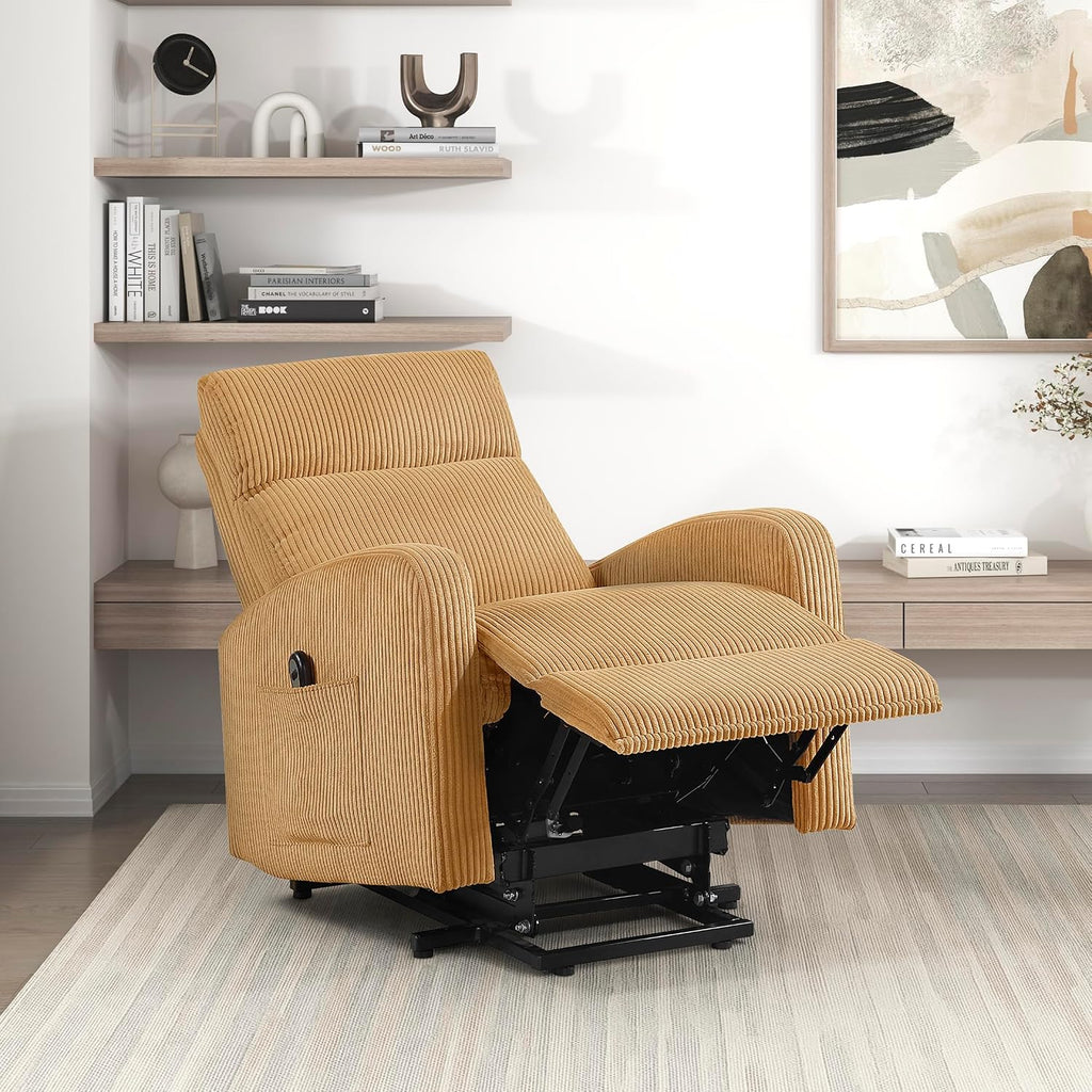Lexicon Power Lift Recliner Chair for Elderly with Remote Control, Gentle Lift Motion, Side Pocket Armrest, Corduroy Upholstered Electric Recliner for Living Room/Bedroom, Easy Assembly, Yellow