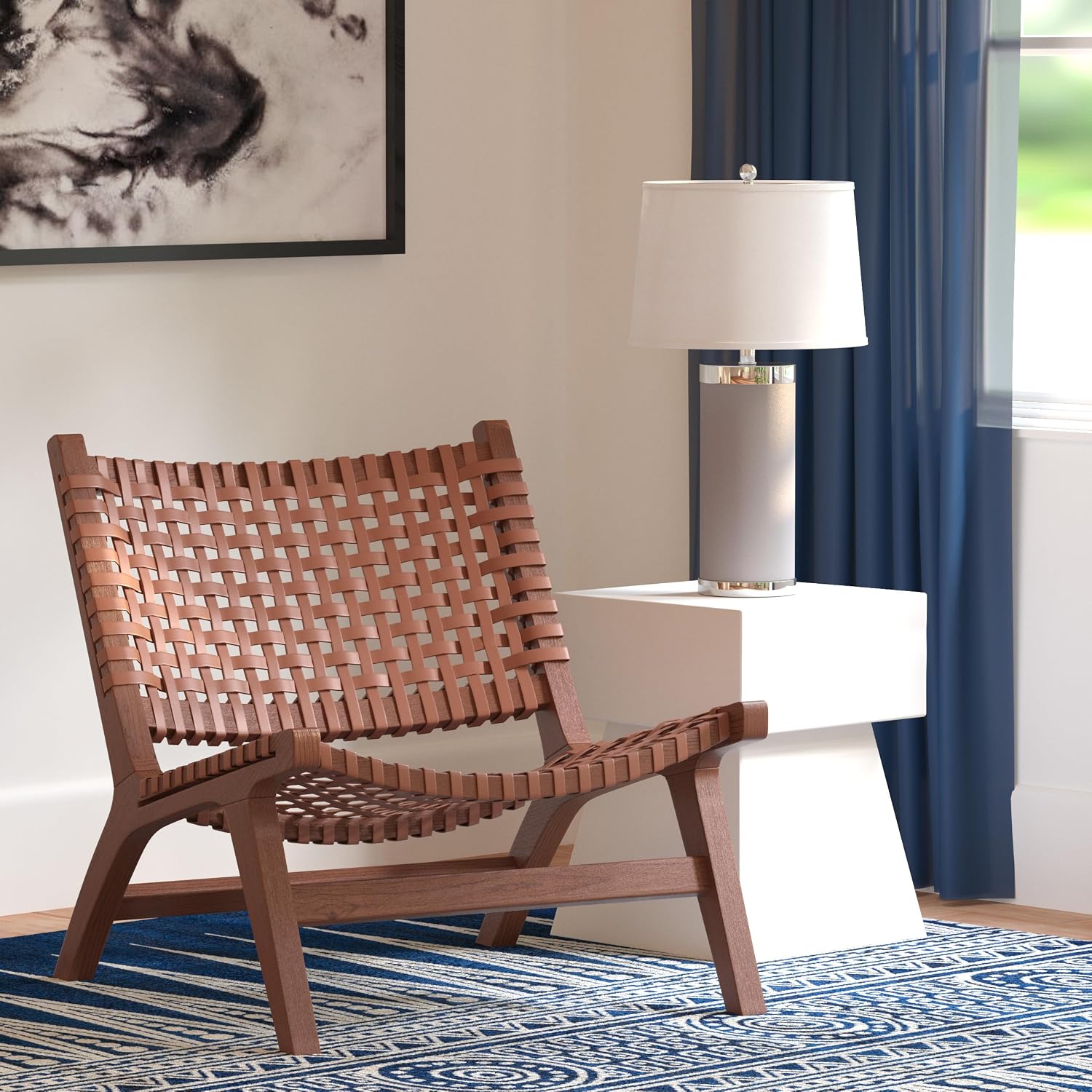 SAFAVIEH Home Collection – Luna Brown & Cognac Leather Woven Accent Chair, Solid Wood Frame, Contemporary Lounge Chair, Fully Assembled (ACH1002B)