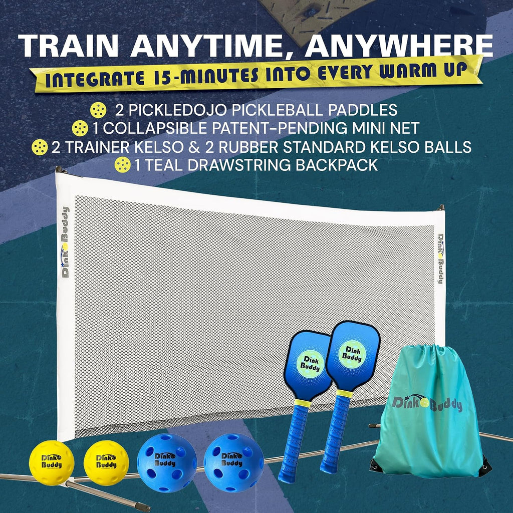 3-in-1 (with 1 Mini 6' Wide Pickleball Net) & 2-in-1 Pickleball Trainer Options, Sports Gifts with 4 Kelso Balls (2 Trainer + 2 Standard), 2 PickleDojo Paddles, & 1 Drawstring Backpack