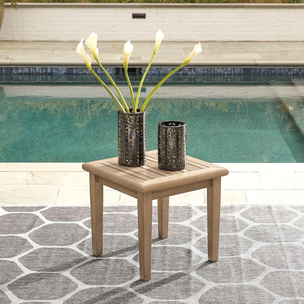 Signature Design by Ashley Gerianne Outdoor Square End Table with Slatting Styling and 5-Step Finishing Process, Eucalyptus Wood Frame, 22' High, Grayish Brown