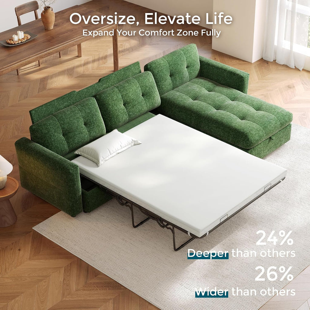 LINSY HOME Oversized Sleeper Sofa with Pullout Bed, Sectional Couch with Storage Chaise, Green Corduroy L-Shaped Convertible Couch, 118x34.5x34.5 Inches
