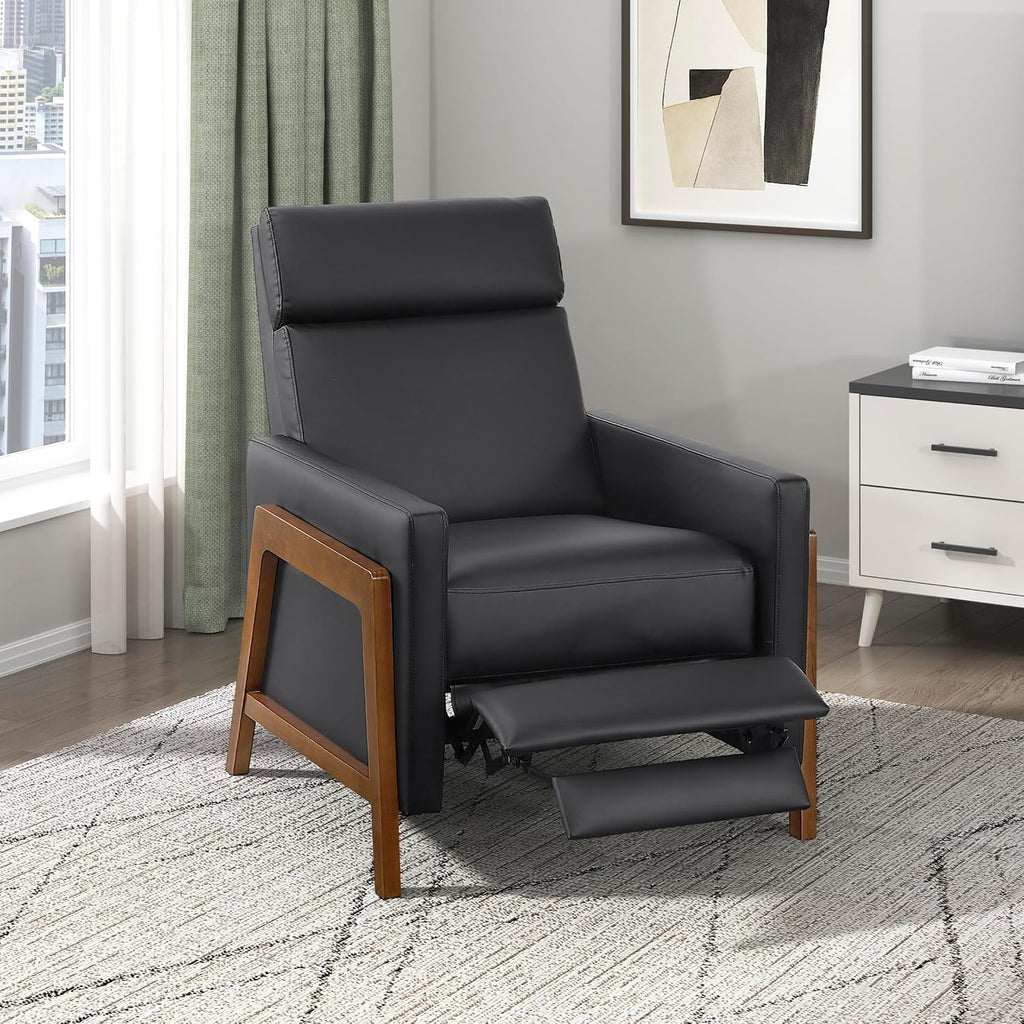 Lexicon Push Back Recliner Chair, Faux Leather Upholstered Reclining Chair with Footrest, Exposed Dark Brown Finish Wood Frame, Small Recliner for Small Space, Living Room, Bedroom, Black