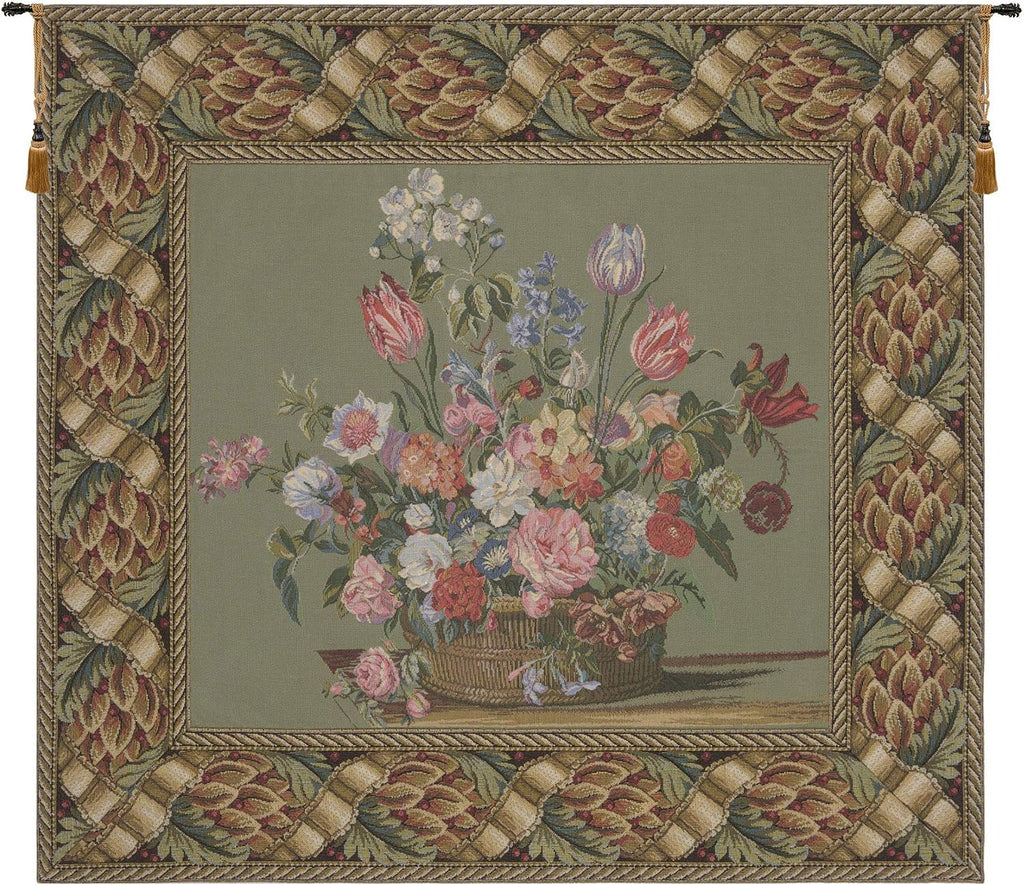 C Charlotte Home Furnishings Inc Flower Basket Green European Tapestry Wall Hanging | Viscose Cotton and Polyester Blend Wall Art | 32 in. x 34 in | Home Decor Accents | Inspired by Famous